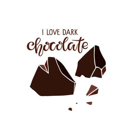 I Love Dark Chocolate Text and Chocolate pieces isolated on white. Quote Lettering. Broken pieces of bitter chocolate. Original brush lettering. Vector sign for poster, banner, chocolate Day cardのイラスト素材