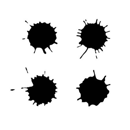 Black splatter set. Ink stain collection. Grunge splatters. Abstract background. Black ink splash, isolated on white background. Dirt splat, spray texture, watercolor dust dropのイラスト素材