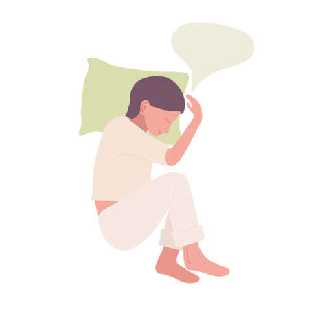 Woman sleeps on side in bed in pajamas and dreams. What woman dreams of, place for your text. Flat cartoon vector illustration. Thoughts cloud. Flat cartoon vector illustrationのイラスト素材