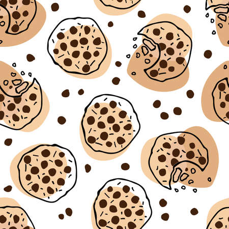 Cookies seamless pattern. Simple cute cookie flat vector backdrop. Hand drawn sketch with broun color. For cafe, menu, wall art. Sweet dessert. Freshly baked chocolate cookie icon. Food pattern.のイラスト素材