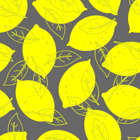 Lemon fruit seamless pattern. Citrus vector flat with gray and yellow colors. Tropical backdrop. Fruit repeats background. Food pattern textile, fabric, wrapping paper, wallpaper, scrapbooking.のイラスト素材