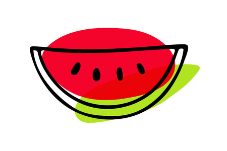 Watermelon hand drawn sketch isolated. Bright red, green exotic fruit. Organic food Outline vector illustration. Eco healthy ingredient. For poster, banner, voucher, coupon. Watermelon slice on white.のイラスト素材