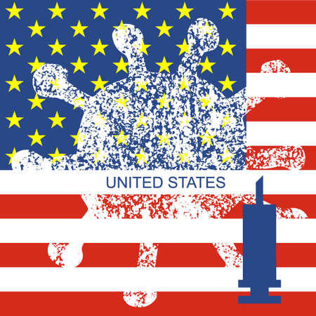 Coronovirus vaccine. Grunge Coronavirus icon, national flag United States, Syringe silhouette icon. Sketch Vector illustration in flat style. Vaccination for COVID-19 treatment.のイラスト素材