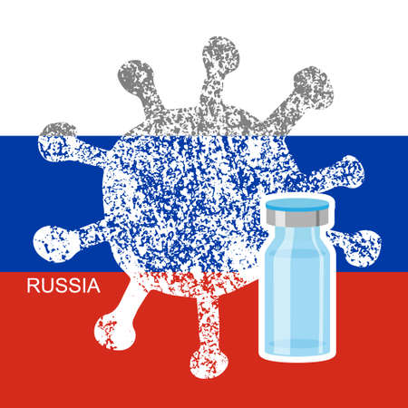 Russian coronovirus vaccine. White Grunge Coronavirus icon strikes Russia national flag. Vaccine dose in ampoule. Sketch Vector illustration in flat style. Vaccination for COVID-19 treatment.のイラスト素材