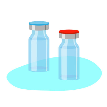 Two medical ampoules with medicine. Clear glass vaccine bottles. Red and blue covers.  vaccine. Sketch Vector illustration in flat style. Vaccination  treatment.のイラスト素材