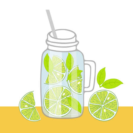 Glass mug with green cocktail. Lime and mint. Hand drawn sketch isolated. Infused water with fruits on table. Delicious healthy drink. Bright summertime beverage Vector doodle for cafe menu, wallart.のイラスト素材