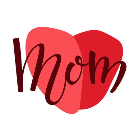Mom text with red heart. Handwritten vector calligraphy illustration. Minimalistic Mother's day card. Modern brush calligraphy lettering. For mug, t-shirt, sticker, brochure, poster, label.のイラスト素材