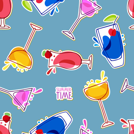 Tasty alcoholic cocktails Seamless pattern. Various colored drinks. Mixed drinks. Bright pink...