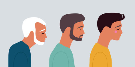Grandfather, father, son. Cartoon characters showing age progress. Three men generations. Different ages men. Teenager, adult, senior. Aging people.のイラスト素材