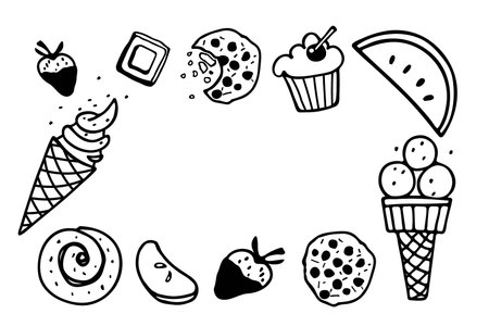 Frame with different kinds of desserts. Ice cream, pastries, fruits, sweetness. Calligraphy background. Hand written brush Lettering for kitchen, t-shirt, store, Desserts menu.のイラスト素材