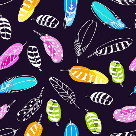 Feathers Seamless Pattern. Hand drawn color vector illustration. Boho style. Sketch isolated on dark background.のイラスト素材