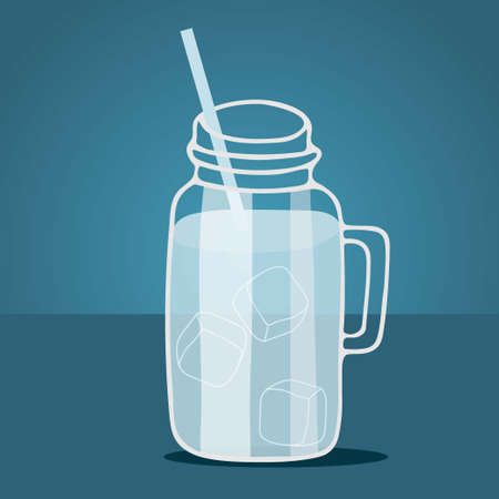 Glass mug with water. Hand drawn sketch isolated. Water with ice cubes. Water mug with straw for drinking. Bring your own cup. No plastic. Zero waste.のイラスト素材