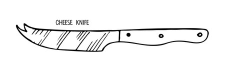 Cheese knife isolated on white background. Stainless steel kitchen knife for cheese sketch. Special blade for cutting cheese. Household utensils and cutlery.のイラスト素材