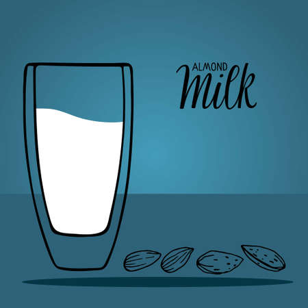 Almond milk glass and almond seeds isolated on blue background with inscription. Dairy alternative milk for detox, healthy eating and diets. Vegetarian or plant based milk in cartoon sketch styleのイラスト素材