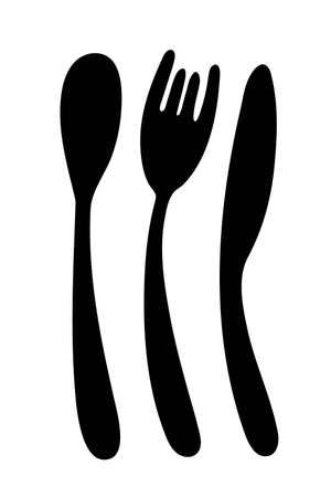 Spoon, fork, Knife sketch isolated on white background. Household utensils and cutlery. Cutlery hand drawing set. Restaurant, bar, cafe. symbolのイラスト素材