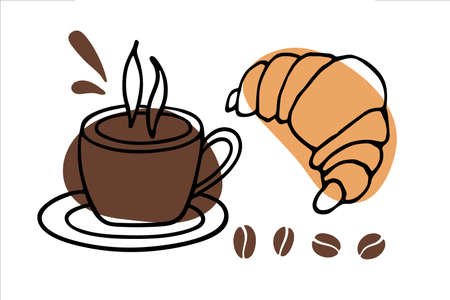 Coffee mug with croissant sketch. Tasty morning breakfast. Hot drink and pastries. Line art in minimalist style. Banner, poster Template for coffee shop or restaurant. Hand drawn doodle clipartのイラスト素材