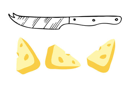 Cheese knife and pieces of cheese isolated sketch on white background. Stainless steel kitchen knife for cheese. Special blade for cutting. Household utensils and cutlery.のイラスト素材