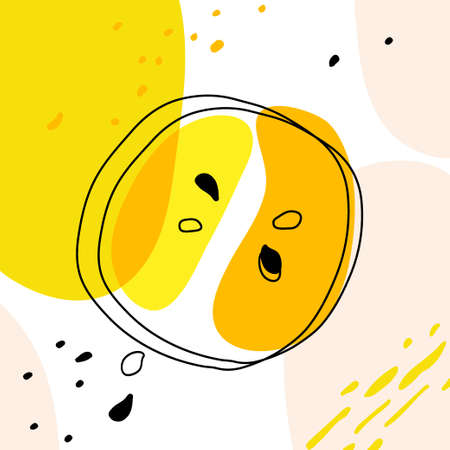 Abstract geometrical composition with citrus fruit. Hand drawn various shapes. Minimal poster with organic shapes. Modern vector illustration.のイラスト素材