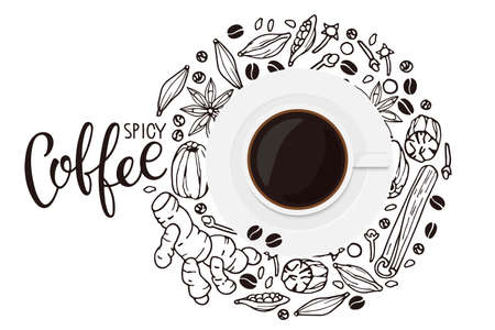 Spicy Coffee ingredients background with coffee mug. Hand drawn coffee recipe with spices elements and cup flat. Doodle Outline vector spices with lettering,. Hot drink recipe. Organic product sketch.のイラスト素材