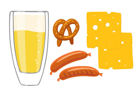 Beer set. Vector beer glass and snacks, Bavarian sausages, pretzel, pieces of cheese. Oktoberfest beer festival. Pub foodのイラスト素材