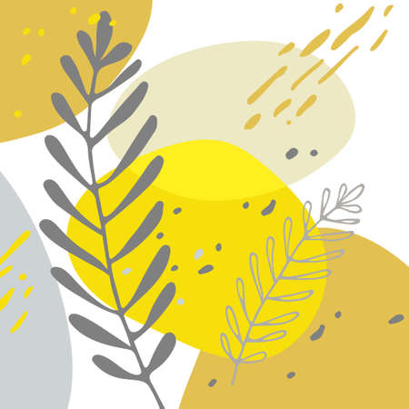 Abstract geometrical poster. Hand drawn various shapes with plant elements. Minimal poster with branches. Modern illustration in vector.のイラスト素材