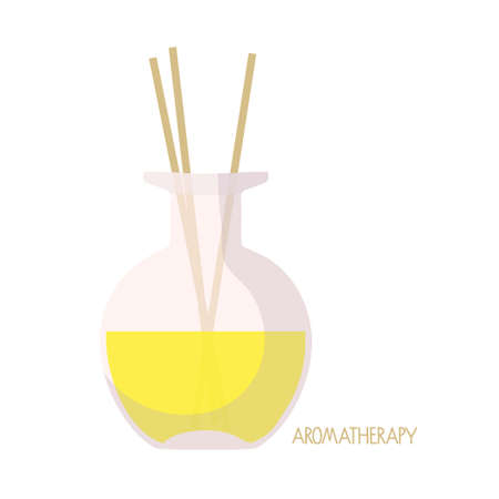 Aroma Diffuser isolated. Yellow liquid in glass bottle with reed sticks. Aromatherapy. Accessory for cozy home. Vector flat. interior decoration, oil perfume stick diffusers for freshening room.のイラスト素材