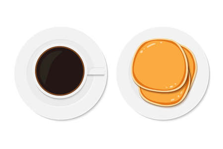 Coffee with pancakes. Breakfast snacks. Vector illustration isolated on white background. Happy pancake day.のイラスト素材