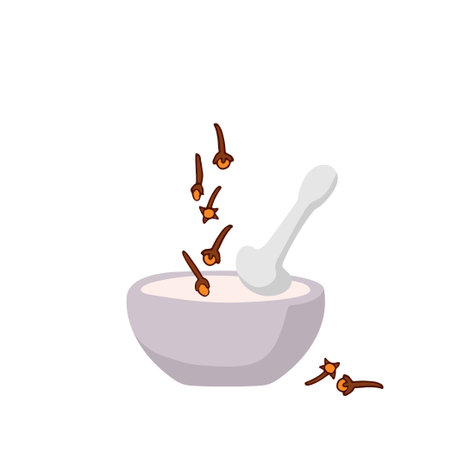 Cloves seasoning in ceramic or stone mortar. Organic product flat. Flavor cooking ingredient. Clove Spice fall from kitchen bowl. Black pepper Fragrant corns. Spicy hot condiment for cooking.のイラスト素材