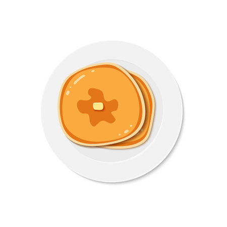 Pancakes on plate. Breakfast snacks. Vector illustration isolated on white background. Happy pancake day. Flat design style for menu, cafe, restaurant, poster, banner, emblem, sticker.のイラスト素材