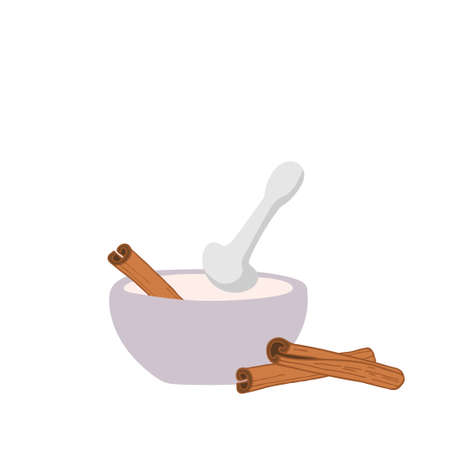 Cinnamon in ceramic or stone mortar. Organic product flat. Flavor cooking ingredient. Cinnamon Spice with kitchen bowl. Fragrant product. Spicy hot seasoning for cooking.のイラスト素材