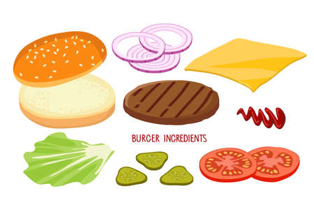 Burger ingredient set isolated on white. Hamburger Creation Product Kit. Chopped vegetables, bun, cutlet, sauce. Flat design for menu cafe, restaurant, poster, sticker. Burger or toast ingredientのイラスト素材