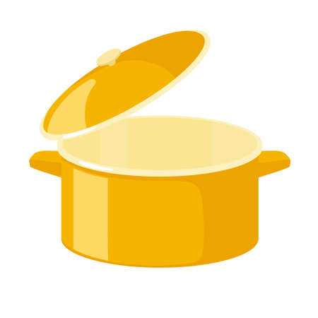 Large empty yellow saucepan for cooking soups isolated on white background. Open dishes with lid. Kitchen utensils. Kitchen pot Vector illustrationのイラスト素材