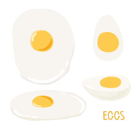 Egg set. Fried and boiled eggs for breakfast. Overhead view and isometry of food. Vector illustration isolated on white. Flat design style for menu, cafe, restaurant, poster, banner, emblem, sticker.のイラスト素材