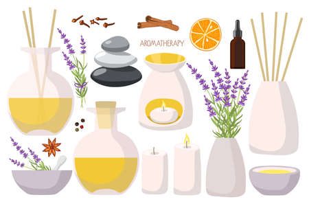 Set of home fragrance kit. Aroma diffusers, essential oil in bottle, lavender plant, balance stones, mortar, pestle, candles, aromatic spices for wellness, beauty, spa, health Homeopathy, aromatherapyのイラスト素材
