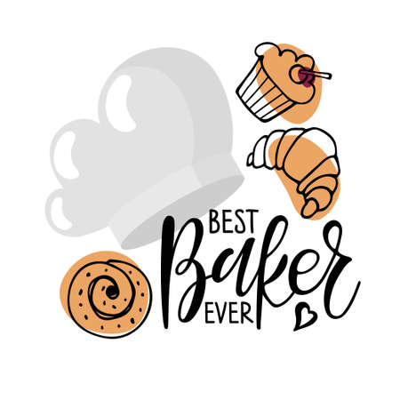 Best Baker ever text with flat cooks cap with various pastries logo, cooking template. Hand written brush Lettering for badge, sticker, emblem, label. Vector typography poster for wall art decor.のイラスト素材