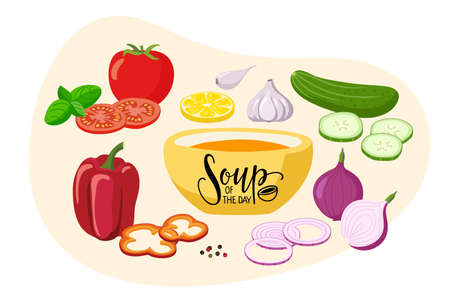 Soup of the day. Vegetables for recipe. Gaspacho Cooking Kit. Bowl with soup, various recipe ingredients for cafe, market, menu, shop, bar, restaurant, poster, label, sticker, logo.のイラスト素材