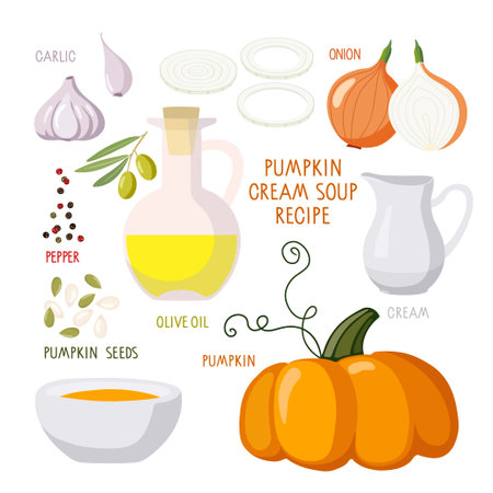 Pumpkin Soup Recipe, Thanksgiving Autumn Soup Kit or Other Autumn Holiday. Thanksgiving day, Autumn, Halloween Party Poster. Culinary course poster concept. Vector for wall art decor, culinary school.のイラスト素材