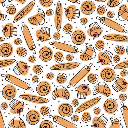 Baking seamless pattern. Sketch various pastries for digital paper, textile fabric, wrapping. Desserts Cook, Bake shop pastry frame. Sweet baked food cupcake, bun, loaf, cookies, croissant and rollのイラスト素材