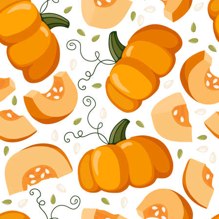 Pumpkin seamless pattern. Whole and Cut vegetable with seeds. Healthy eating Vegetable Ingredients for cooking. Autumn flat design for wallpaper, digital paper, textile fabric, wrapping, kitchen printのイラスト素材