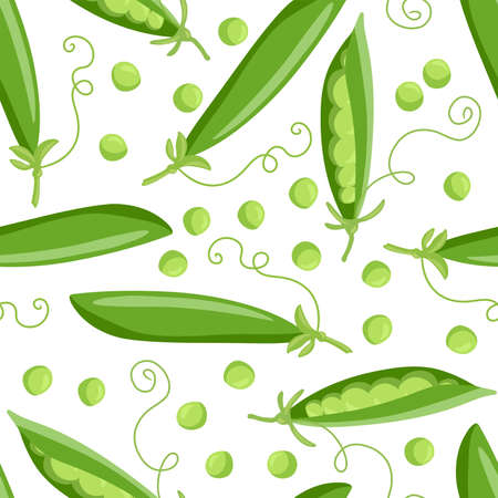 Green peas seamless pattern. Pea pod vegetable with seeds. Healthy eating Vegetable Ingredients for cooking. Autumn flat design for wallpaper, digital paper, textile fabric, wrapping, kitchen printのイラスト素材