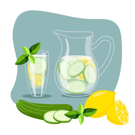 Cucumber water with lemon. Cool fresh lemonade in glass pitcher and glass. Summer drink and fruit and mint. Cold detox water with for cafe or restaurant menu, summer party, beverage templateのイラスト素材
