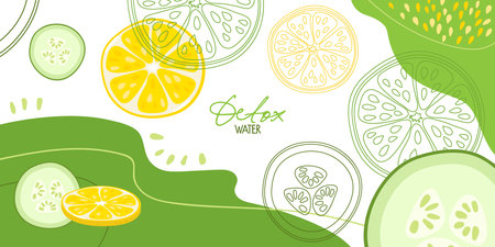 Lemon and cucumber on abstract background. Fresh farm vegetables for diet. Detox water. Flat design for menu, cafe, restaurant, banner, emblem, sticker, recipe design, summer party, beverage templateのイラスト素材