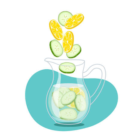 Pieces of lemon and cucumber fall into water jug. Cool fresh lemonade in glass pitcher. Summer drink. Cold detox water with fruits for cafe or restaurant menu, summer party, beverage templateのイラスト素材