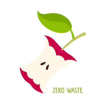 Zero waste Ecology template. One red apple eaten to core isolated on white background. Illustration of isolated food organic waste. Kitchen leftovers. Environmental pollution and ecology.のイラスト素材
