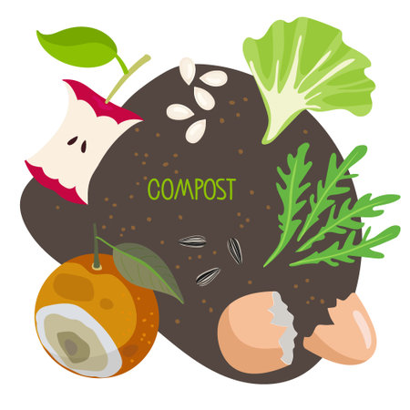 Compost. Kitchen scraps, fruits, greens, shells lie on ground. Eco-friendly zero waste template. Recycling concept. No Food waste. Environmentally responsible behavior. Garbage sortingのイラスト素材