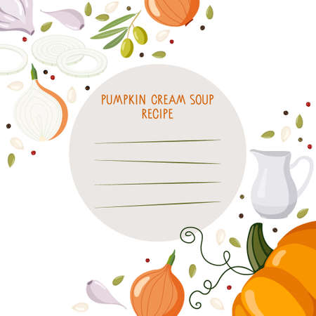 Recipe Write Template. Pumpkin cream Soup, Background for recipe. Thanksgiving day, Autumn, Halloween Party Poster. Culinary course poster concept. Vector for wall art decor, culinary school.のイラスト素材