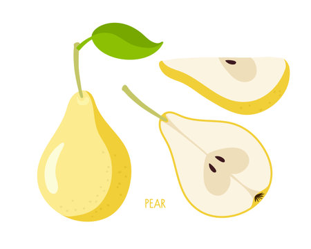 Pear set. Flat icon yellow pear fruit with leaf, cut, segment. Farmer Market. Organic food eco template for menu, jam and juice label, tea banner, fruit products, bannerのイラスト素材