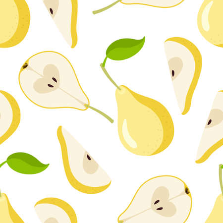 Pear seamless pattern. Yellow pear fruit with leaf, whole, cut, segment icons. Flat vector illustration Organic food eco template for menu, jam and juice packaging, wallpaper, textile.のイラスト素材