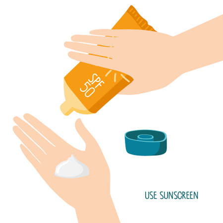 Use Sunscreen cosmetics. Female hand holds open orange tube with sunscreen and squeezes cream onto her other hand. Skin care and protection. Design for cosmetic industry and dermatology.のイラスト素材