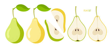 Yellow and green Pears. Flat icon pear fruit set. Whole with leaf, cut, segment. Farmer Market Logo. Organic food eco template for menu, jam and juice label, tea banner, fruit products, banner.のイラスト素材